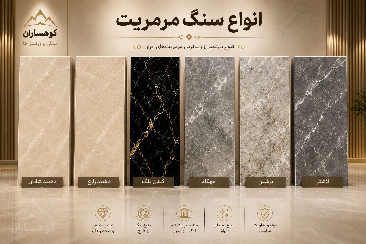 انواع سنگ مرمریت شامل دهبید شایان، دهبید زارع، گلدن بلک، مهکام، پرشین و لاشتر