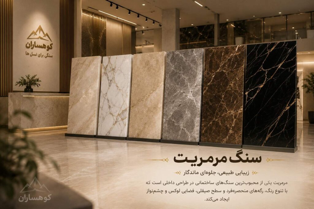 سنگ مرمریت با اسلبهای کرم، سفید، طوسی و مشکی در نمایشگاه سنگ ساختمانی کوهساران