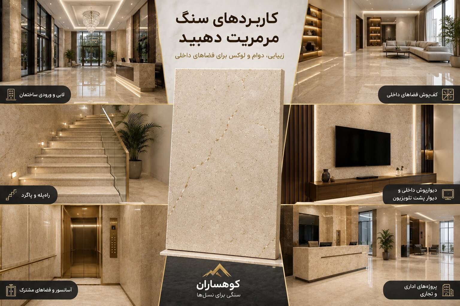 کاربردهای سنگ مرمریت دهبید در کف‌پوش، لابی، راه‌پله، دیوار داخلی و فضاهای تجاری