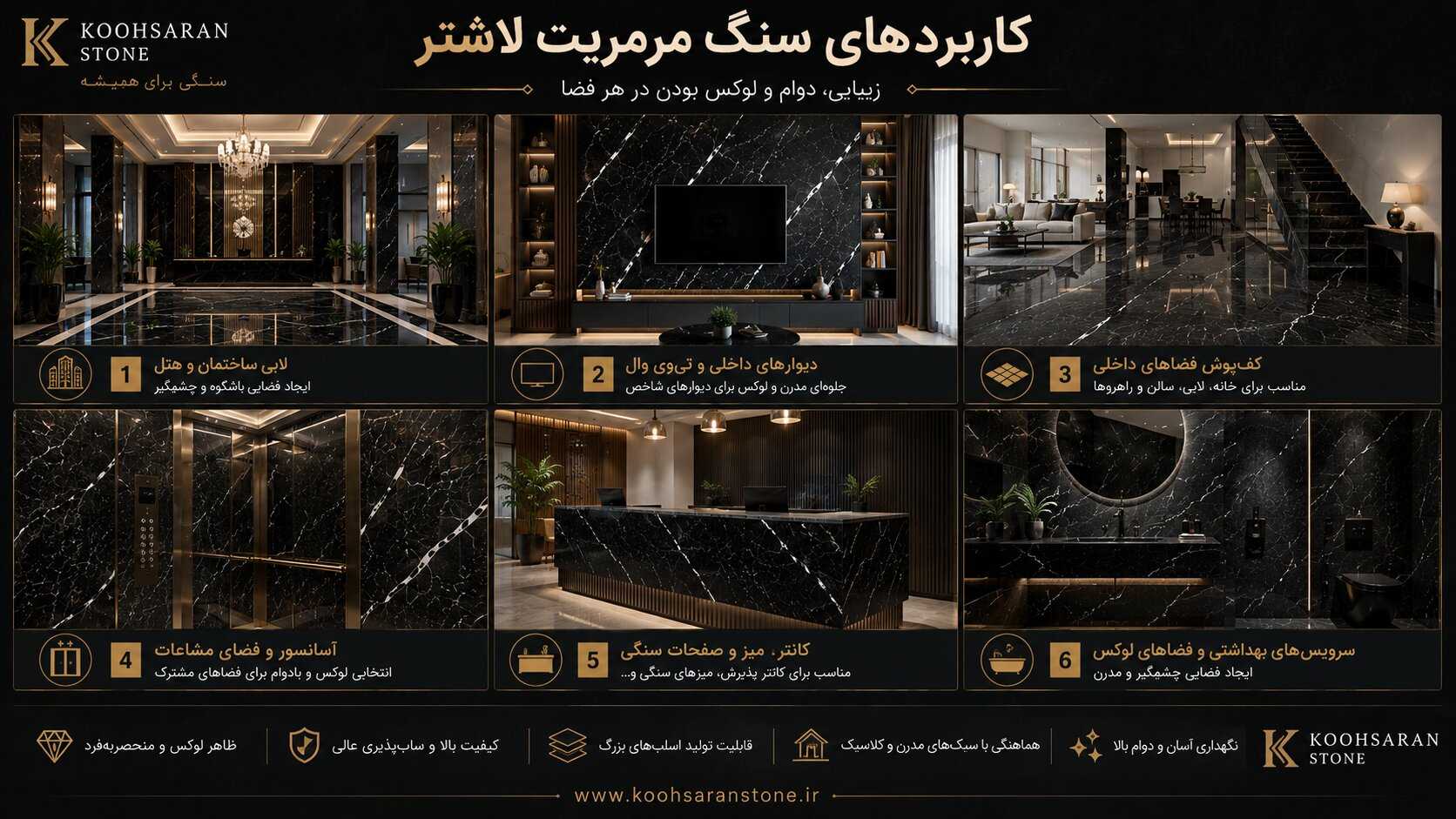 کاربردهای سنگ مرمریت لاشتر در لابی، تیوی وال، کفپوش داخلی، آسانسور، کانتر سنگی و سرویس بهداشتی مدرن