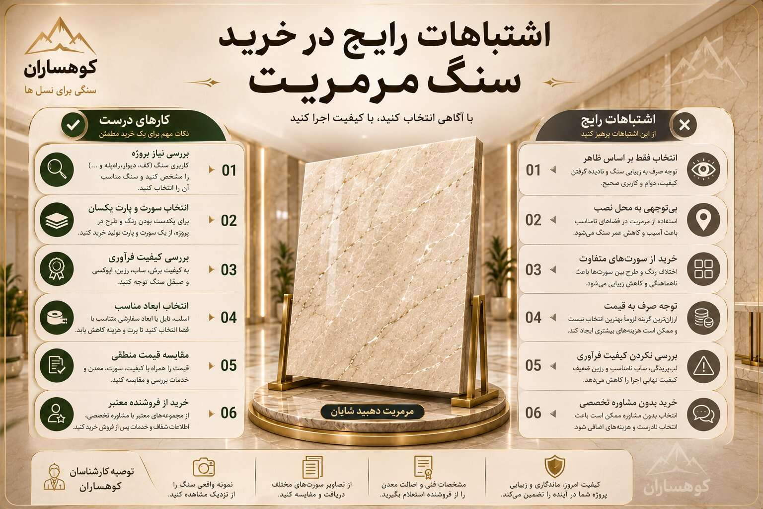 اینفوگرافیک اشتباهات رایج در خرید سنگ مرمریت و نکات مهم برای انتخاب صحیح سنگ ساختمانی