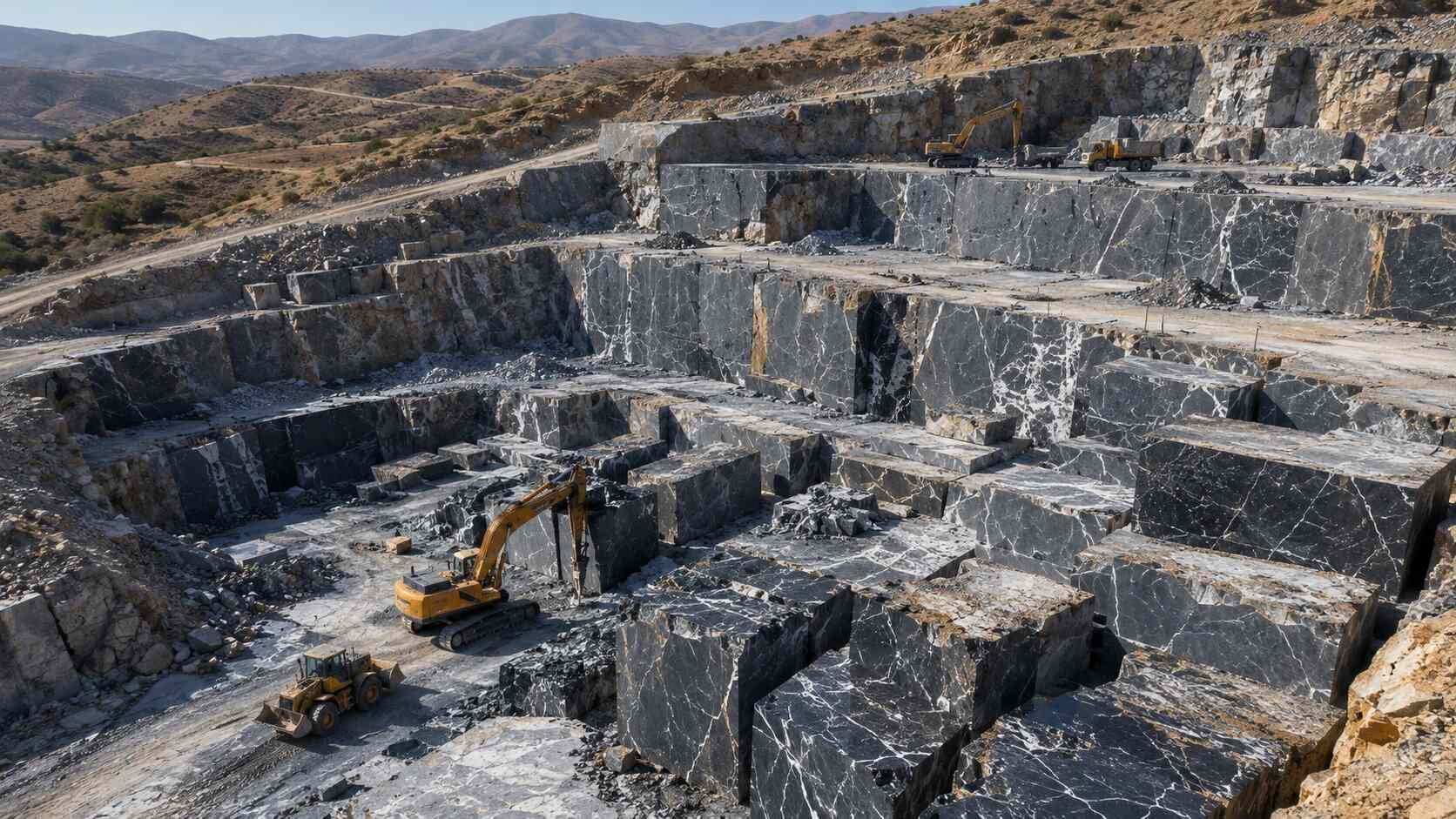 نمای هوایی از معدن سنگ مرمریت نجفآباد در استان اصفهان با بلوکهای استخراجشده، دیوارههای پلکانی معدن و ماشینآلات استخراج