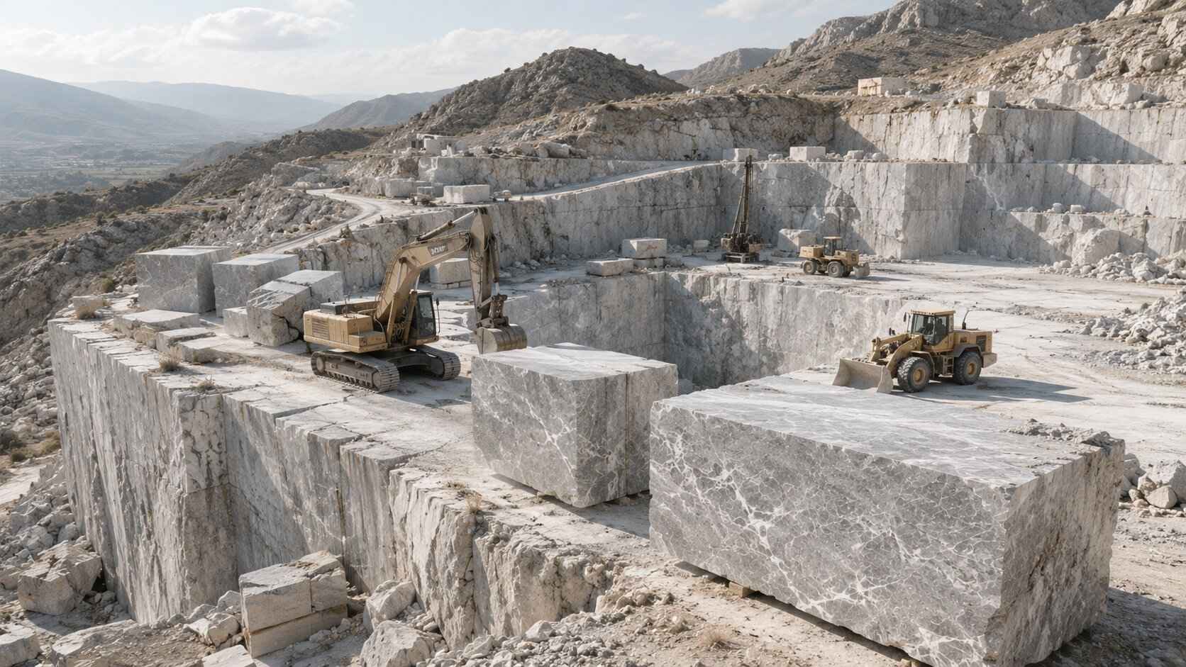 نمای هوایی از معدن سنگ مرمریت پرشین در ایران با بلوکهای بزرگ استخراجشده، بافت ابری طبیعی سنگ، دیوارههای پلکانی معدن و ماشینآلات استخراج