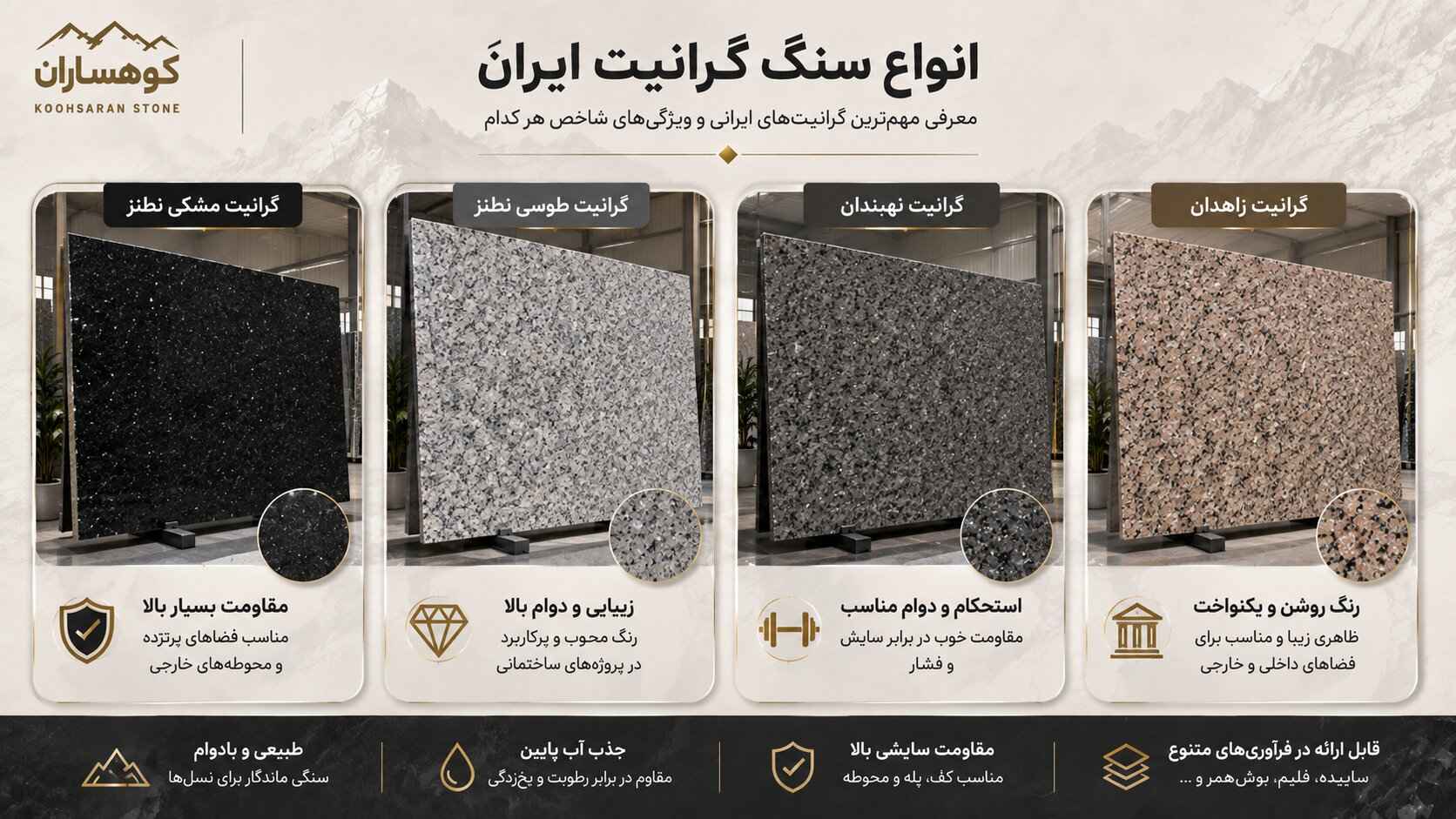 اینفوگرافیک معرفی انواع سنگ گرانیت ایران شامل گرانیت مشکی نطنز، گرانیت طوسی نطنز، گرانیت نهبندان و گرانیت زاهدان همراه با ویژگیهای شاخص هر نوع سنگ