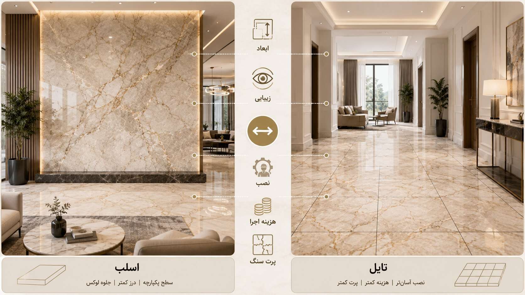 مقایسه اسلب و تایل سنگ مرمریت در طراحی داخلی با نمایش تفاوت ابعاد، تعداد درزها، نحوه اجرا و کاربرد هر کدام